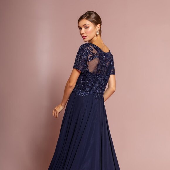 NEW LONG CHIFFON A-LINE DRESS WITH CAP SLEEVES EMBROIDERED WITH LACE GL2683 - Picture 8 of 12